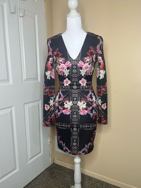 bebe Black Floral Long Sleeve V-Neck Bodycon Dress Size XXS